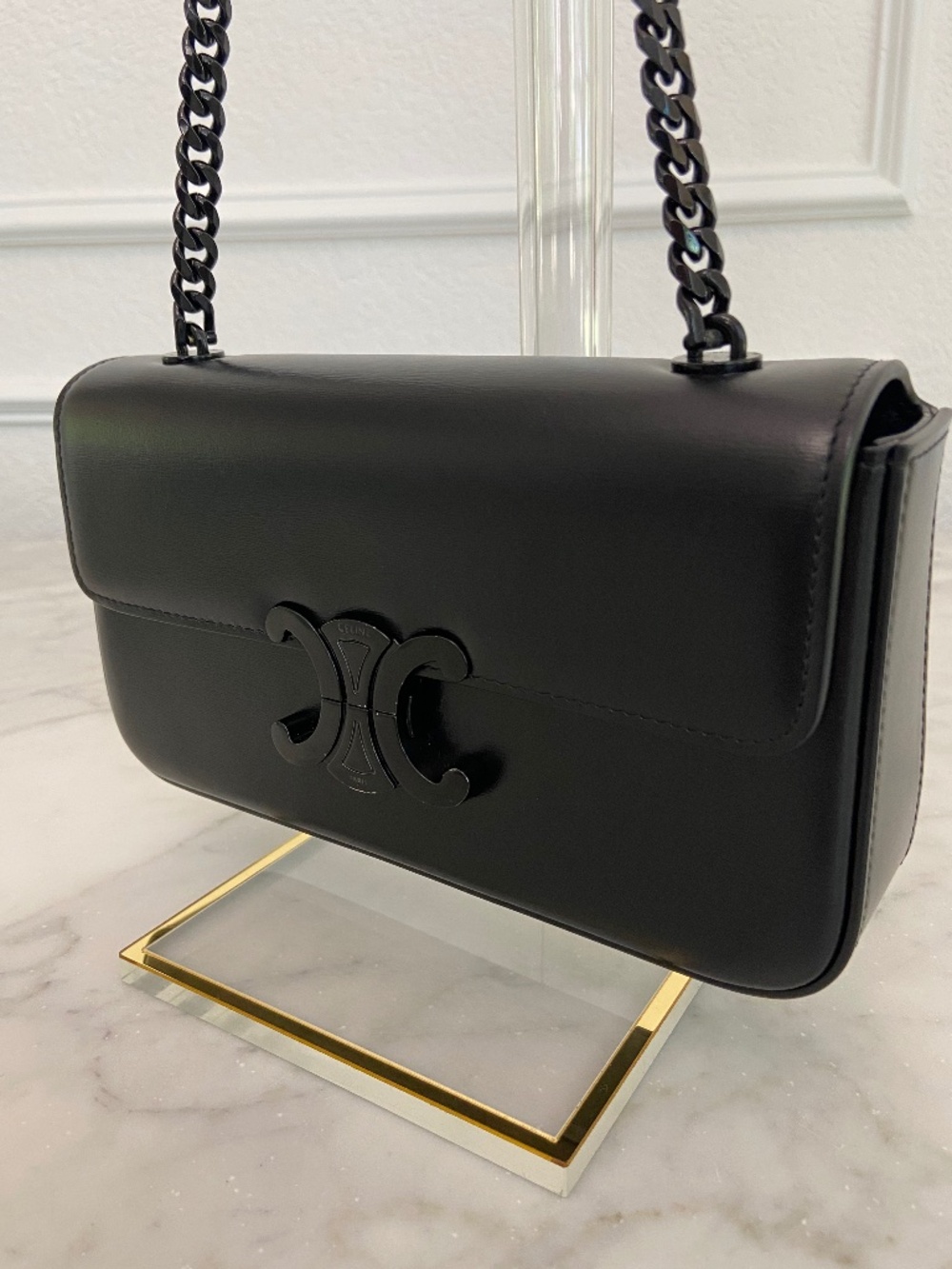 Auth Celine Leather Black on Black Triomphe Bag Chain Strap Black Metal Hardware - Picture 4 of 17